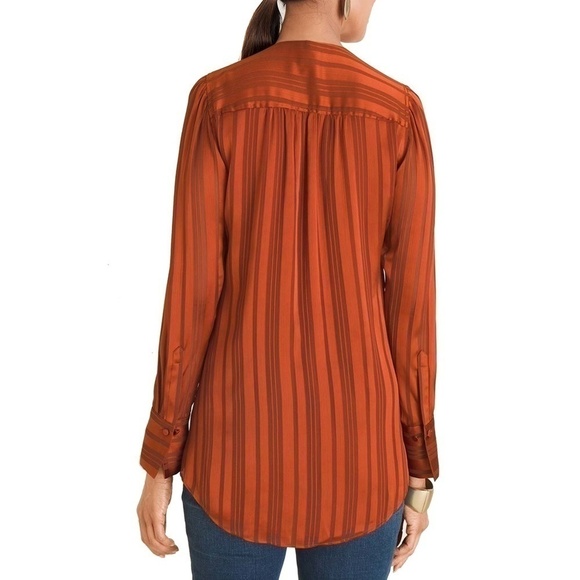 CHICO'S Terracotta Shadow Stripe Satin with Scarf Tie Buttons Top Blouse NWOT - Picture 5 of 10